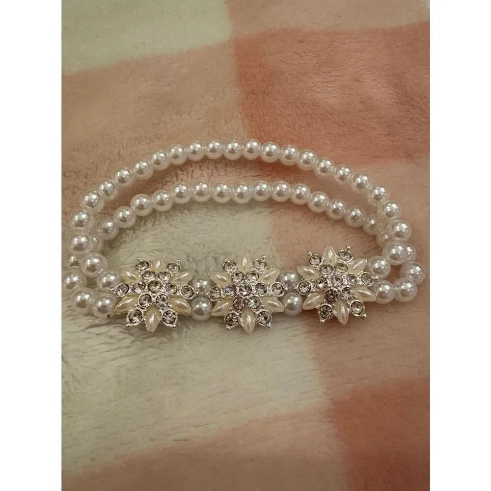 Faux Pearl & Crystal Triple Flower Bracelet